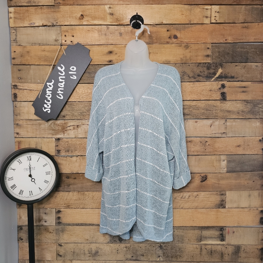 Entro Women's Seafoam Green Whitw Stipes Open Kimono Size M/L